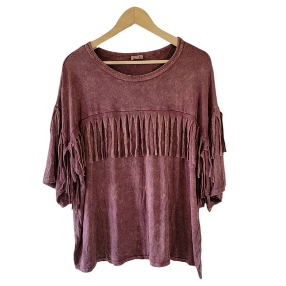 Blue Buttercup Women Burnout Red Fringe Top Sz M Boho Grunge Festival Minimalist - Picture 1 of 12